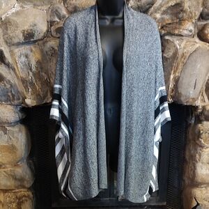 Express Gray Open Front Poncho with Black and White Stripe Trim